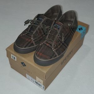 Sperry Top Sider Seacoast Isle Plaid Khaki/Brown Deck Shoes Womens 8.5M